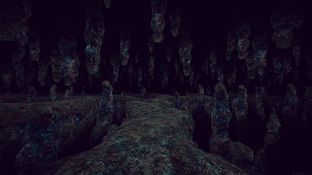 岩の道と柱状の岩が続くBottomless Cave Mapの洞窟シーン