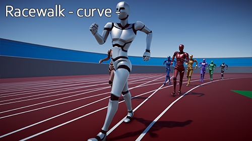Racewalkers moving around a curve.